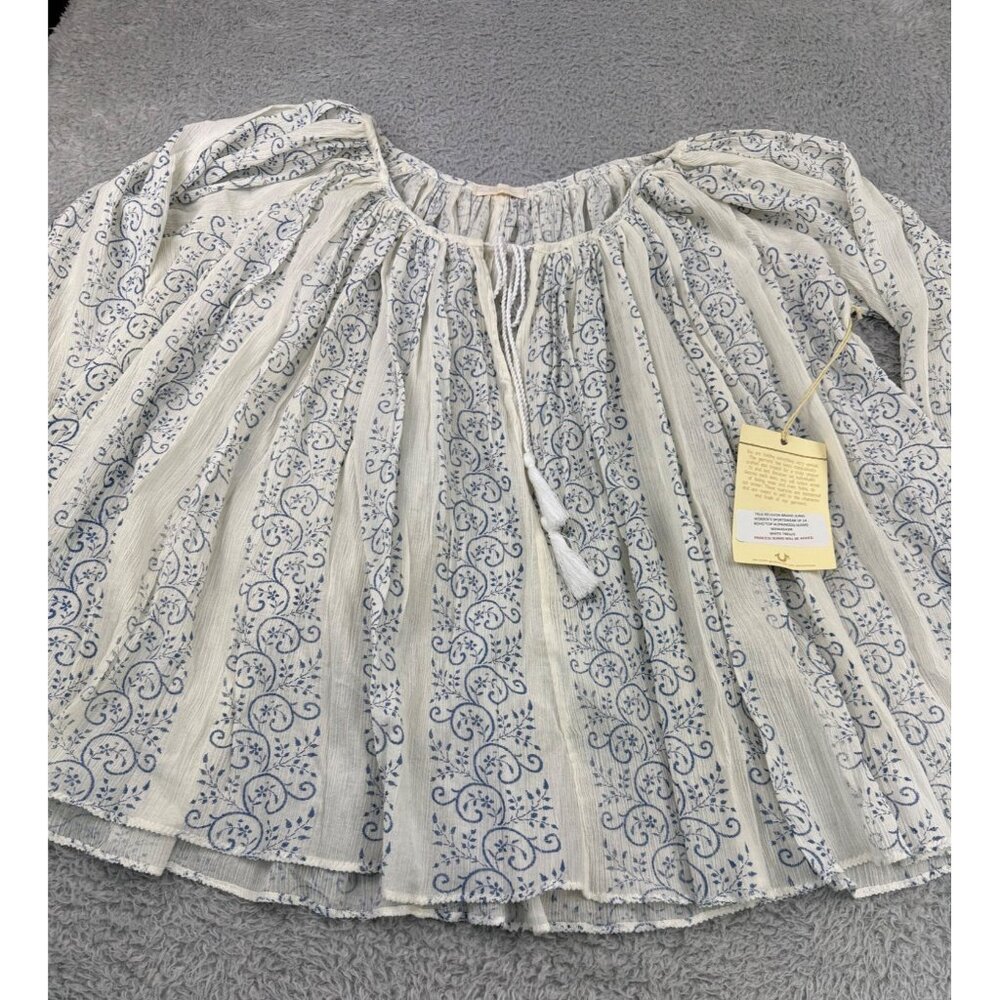 True Religion Womens Boho Top S Blue & White Trellis Print With Princess Seams - Picture 15 of 16